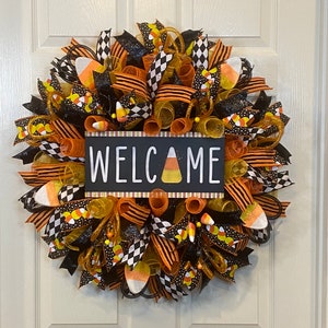 Halloween Wreath, Candy Corn Wreath, Welcome Wreath, Wreath for Front Door. door wreath, Halloween Wreath for Front Door