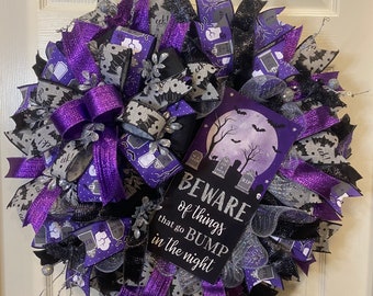 Halloween Wreath, Graveyard Wreath, Bats Wreath, Purple Wreath, Black Wreath, Door Wreath, Halloween Wreath For Front Door