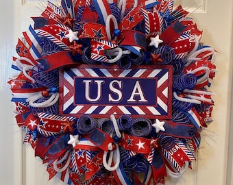 Patriotic Wreath, USA Wreath, Door Wreath, Red White and Blue Wreath, 4th of July Wreath, Memorial Day Wreath