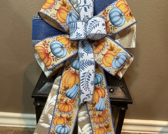 Fall Bow, Pumpkin Bow, Blue Pumpkin Bow, Orange  Bow, Blue Fall Wreath Bow, Fall Lantern Bow, Thanksgiving Wreath Bow, Door Hanger Bow