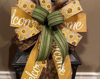 Welcome Bow, Sunflower Bow, Yellow Bow, Fall Bow, Burlap Bow, Lantern Bow, Wreath Bow, Basket Bow