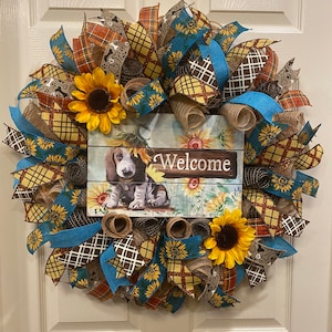 Sunflower Wreath, Dog Wreath, Welcome Wreath, Puppy Wreath, Summer Wreath, everyday wreath, fall wreath, teal wreath