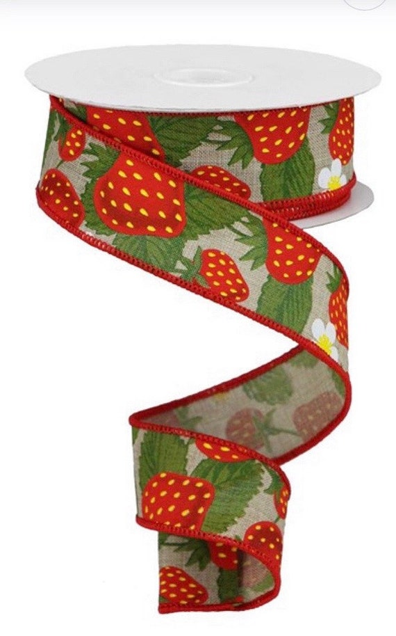 Strawberry Ribbon, Fruit Ribbon, Spring Ribbon, Summer Ribbon, Burlap  Ribbon, Wreath Ribbon, Red Ribbon, 1 1/2”, 10 Yard, Bow Ribbon