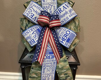 Patriotic Bow, Marines Bow, Military Bow, USA Bow, Camo Bow, American Flag Bow, Wreath Bow, Lantern Bow, Basket Bow