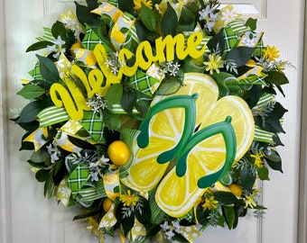 Welcome Wreath, Lemon Wreath, Lemon Door Wreath, Summer Floral Wreath, Spring Floral Wreath, Everyday Wreath, Front Door Wreath