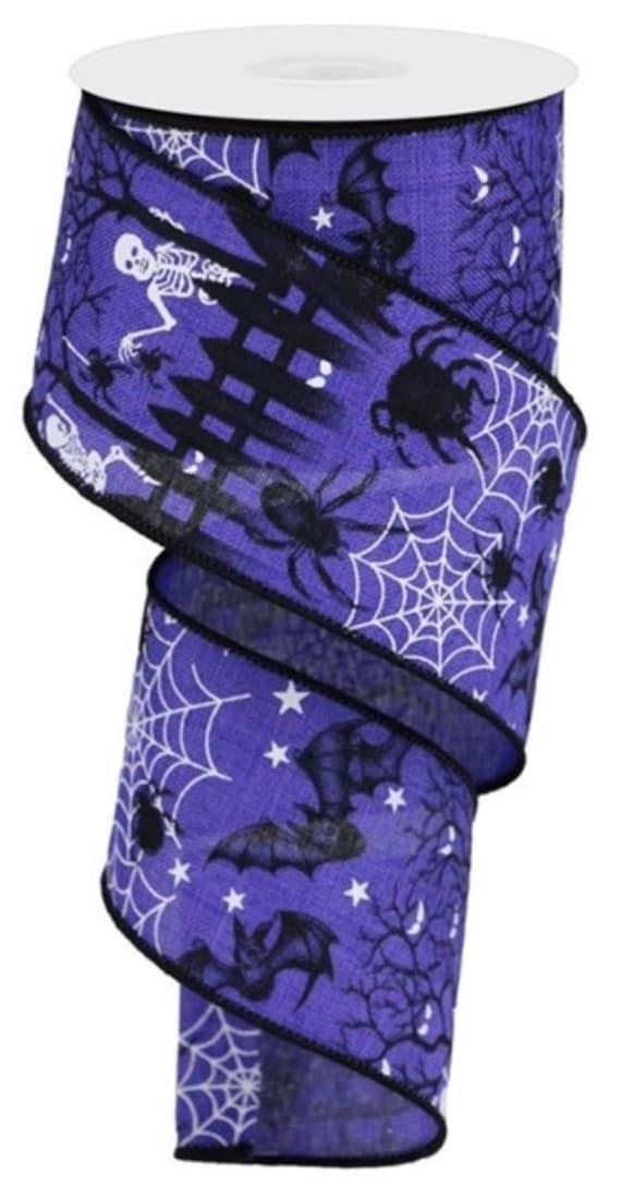 Halloween Ribbon, Bat Ribbon, Spider Ribbon, Purple Ribbon, Black Ribbon, Royal Burlap Ribbon, Wired Ribbon, 2 1/2", 10 Yard Roll, RGA181023