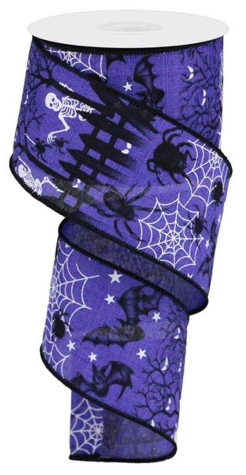 May include: Purple and black Halloween ribbon with a spooky design featuring bats, spiders, skeletons, and spiderwebs.
