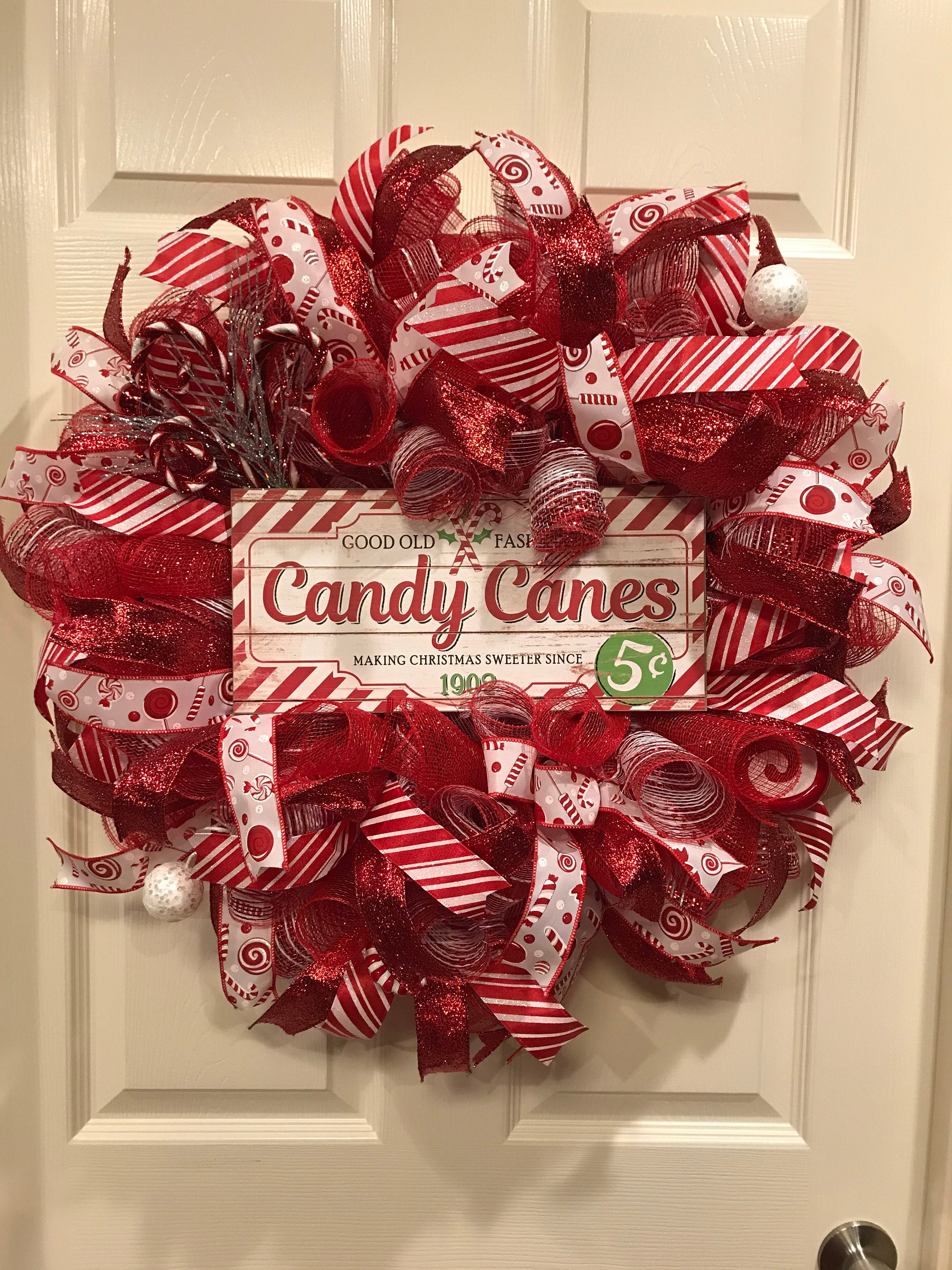Etsy Red Candy and Christmas Stripe Christmas Christmas Cane White Wreath, - Wreath, Wreath