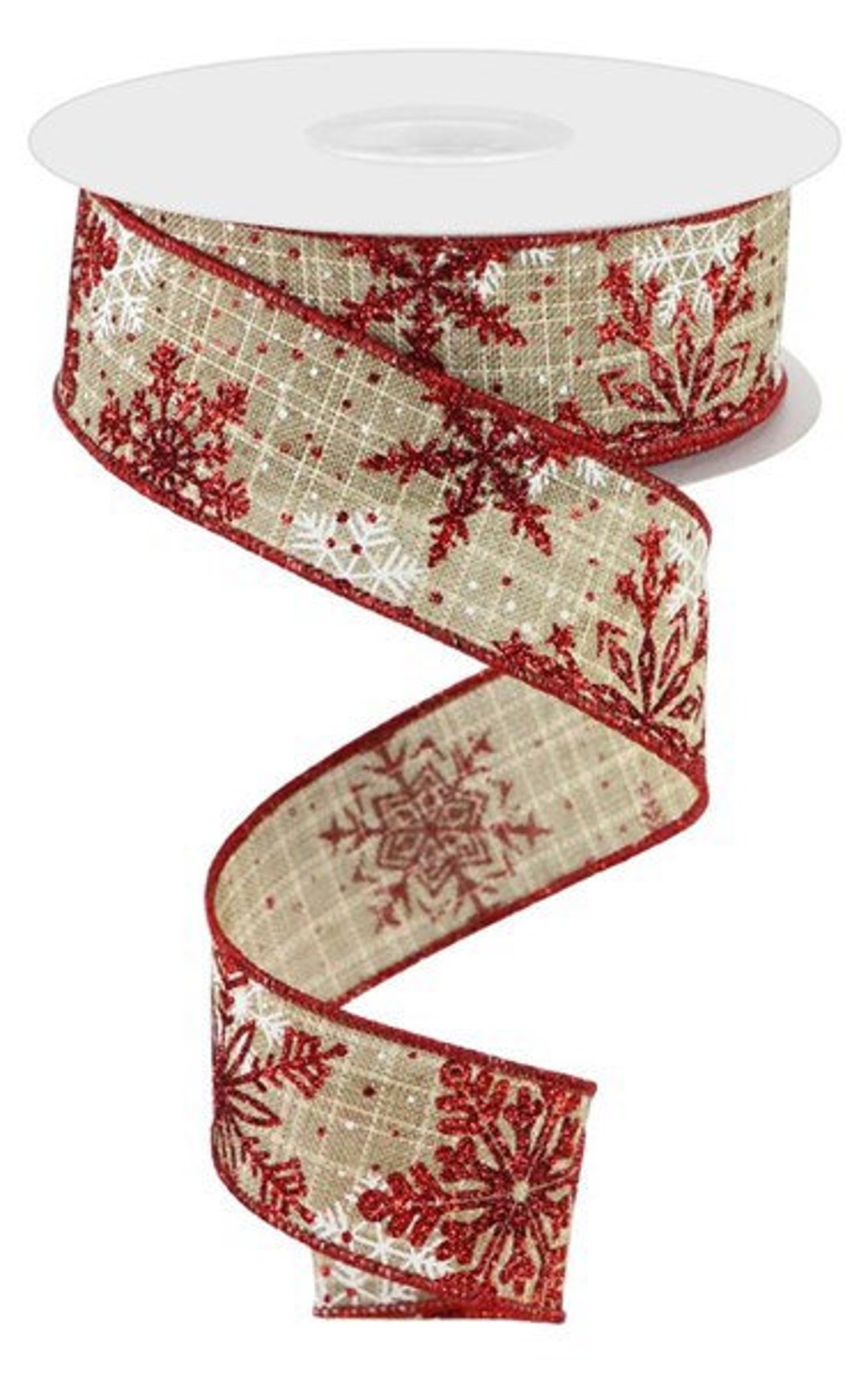 1.5 Glitter Snowflakes Ribbon: Red & White (10 Yards)