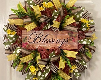 Easter Wreath, Religious Wreath, Blessings Wreath, Spring Wreath, Everyday Wreath, Burlap Wreath, Door Wreath, Floral Wreath