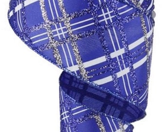 Glitter Plaid Ribbon, Blue Ribbon, Silver Ribbon, Diamond Plaid Ribbon, Christmas Ribbon, 10 Yard Roll, 2.5" Wire Edge Ribbon, RW7623A8