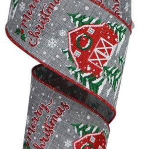 Christmas Ribbon, Farmhouse Barn Ribbon, Gray Ribbon, Merry Christmas Ribbon, 10 Yard Roll, 2.5&quot; Wire Edge Ribbon, Burlap Ribbon, RGB107610