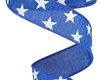 Patriotic Ribbon, Star Ribbon, Blue Star Ribbon, 4th of July Ribbon, Blue Ribbon, Burlap Ribbon, 1.5" Wired Ribbon, 10 Yard Roll, RGA111525