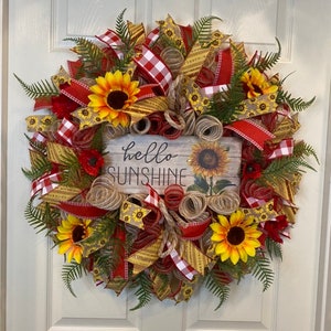 Sunflower Wreath, Floral Wreath, Burlap Wreath, Red Door Wreath, Door Wreath, Summer Wreath, Fall Wreath, Everyday Wreath