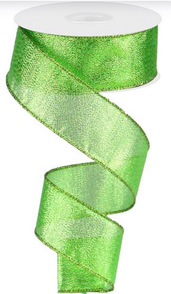 Green Ribbon, Lime Green Ribbon, Green Metallic Ribbon, Christmas Ribbon, 1  1/2 Ribbon, Wired Ribbon, 10 Yard Roll