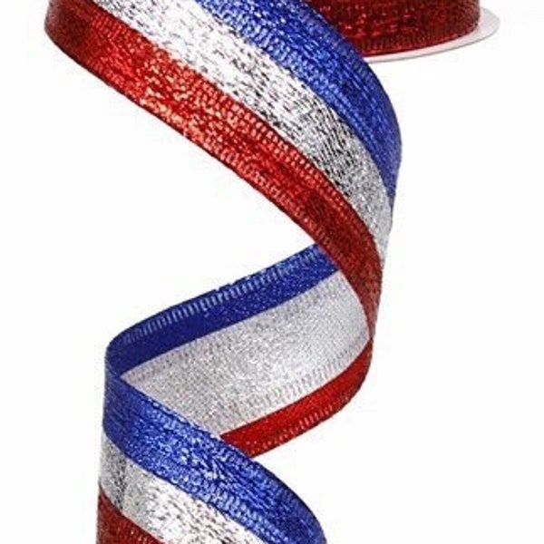 Patriotic Ribbon, Stripe Ribbon, Metallic Ribbon, Red White Blue Ribbon, 1.5" Wired Ribbon, 10 Yard Roll, RG014027T