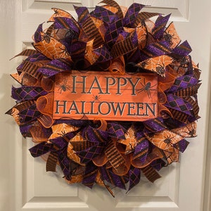 happy Halloweenアレンジリース❣️もこ❣️２つセット❣️ Happy Halloween, Orange, Black, and Purple Deco, Mesh
