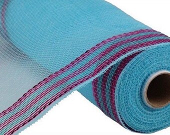 Deco Mesh, Blue Mesh, Turquoise Mesh, Hot Pink Stripe Mesh, Pink Boarder Stripe Mesh, 10" x 10 yards, RE8503F9