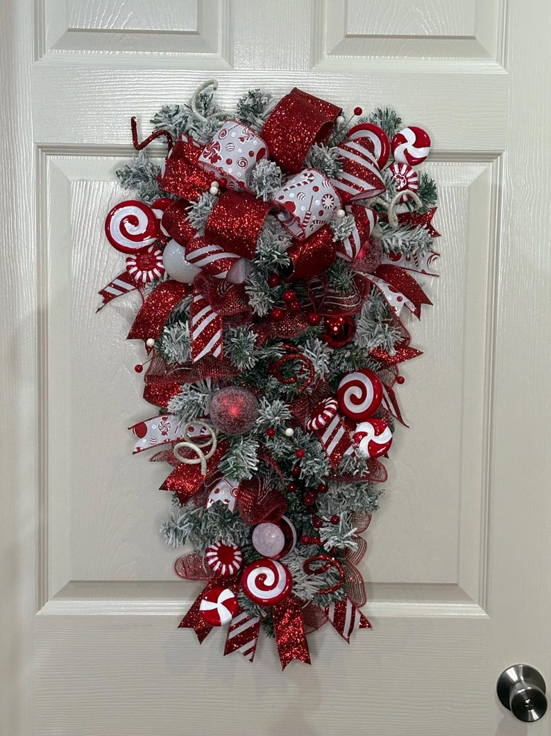 Peppermint Candy Cane Christmas Swag Wreath, Red and White Glitter ...