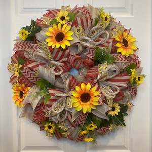 Sunflower Wreath, Floral Wreath, Burlap Wreath, Red Door Wreath, Door Wreath, Summer Wreath, Fall Wreath, Everyday Wreath