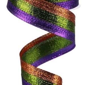 Halloween Ribbon, Glitter Stripe Ribbon, Purple Ribbon, Orange Ribbon, Green Ribbon, 1 1/2&quot; Wired Ribbon, 10 Yard Roll, RG01402A1