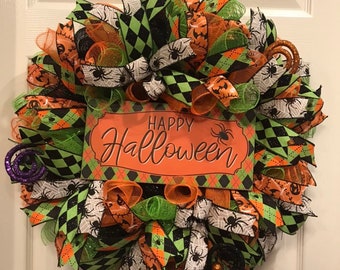 Happy Halloween Wreath, Halloween wreath for front door. door wreath, Spider Wreath, wreath for front door, Green and Orange Wreath