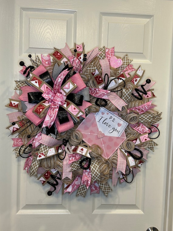 Valentine’s Day Wreath, Love Wreath, Heart Wreath, PS I Love You Wreath, Love Letter Wreath, Burlap Wreath, Pink Front Door Wreath