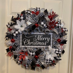 Christmas Wreath, Merry Christmas Wreath, Black and White Wreath, Red and Black Christmas Wreath, Buffalo Check Wreath, Holiday Wreath