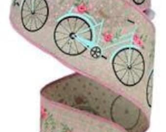 Bike Ribbon, Spring Ribbon, Floral Ribbon, Teal Ribbon, Pink Ribbon, Burlap Ribbo, 2 1/2" Wired Ribbon, 10 Yard Roll