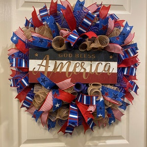 Patriotic Wreath, God Bless America, Patriotic wreath for front door. door wreath, Welcome Wreath, 4th of July wreath, Red White and Blue