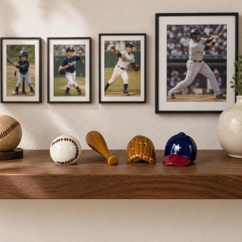 Puede incluir: Una exhibici&oacute;n tem&aacute;tica de b&eacute;isbol con una pelota de b&eacute;isbol, un bate de b&eacute;isbol, un guante de b&eacute;isbol y una gorra de b&eacute;isbol. La gorra es azul marino con una estrella blanca y un borde rojo. Fotos enmarcadas de jugadores de b&eacute;isbol en el fondo.