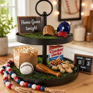 Puede incluir: Una bandeja de metal negro de dos niveles con decoraciones tem&aacute;ticas de b&eacute;isbol. El nivel superior contiene un guante de b&eacute;isbol y saleros y pimenteros con forma de gorra. El nivel inferior tiene una pelota de b&eacute;isbol, cacahuetes, Cracker Jacks y un bate de madera. Un letrero dice "Home Game tonight."