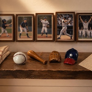 Puede incluir: Un juego decorativo con tem&aacute;tica de b&eacute;isbol que presenta una pelota de b&eacute;isbol blanca, un bate de madera marr&oacute;n, un guante marr&oacute;n y una gorra de b&eacute;isbol azul y roja. Detr&aacute;s, fotos enmarcadas de jugadores de b&eacute;isbol.