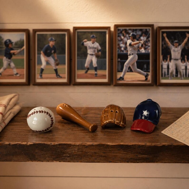 Puede incluir: Un juego decorativo con tem&aacute;tica de b&eacute;isbol que presenta una pelota de b&eacute;isbol blanca, un bate de madera marr&oacute;n, un guante marr&oacute;n y una gorra de b&eacute;isbol azul y roja. Detr&aacute;s, fotos enmarcadas de jugadores de b&eacute;isbol.