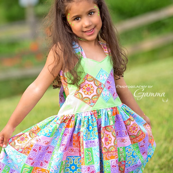 Bright Patchwork   Peek a boo Tie Back  Dress ( 2T,  3T, 4T, 5, 6, 7, 8, 9/10,  11/12)