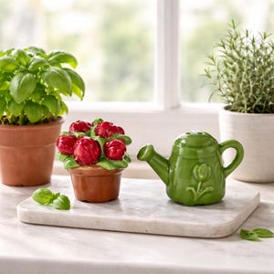 May include: A ceramic salt and pepper shaker set featuring a green watering can and a flower pot with red flowers. The set is displayed on a marble tray, with potted herbs in the background. A charming kitchen or garden decor item.