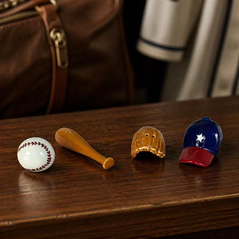 Puede incluir: Colecci&oacute;n de figuras con tem&aacute;tica de b&eacute;isbol, que incluye una pelota blanca con costuras rojas, un bate de madera, un guante marr&oacute;n y una gorra de b&eacute;isbol azul y roja con una estrella blanca.