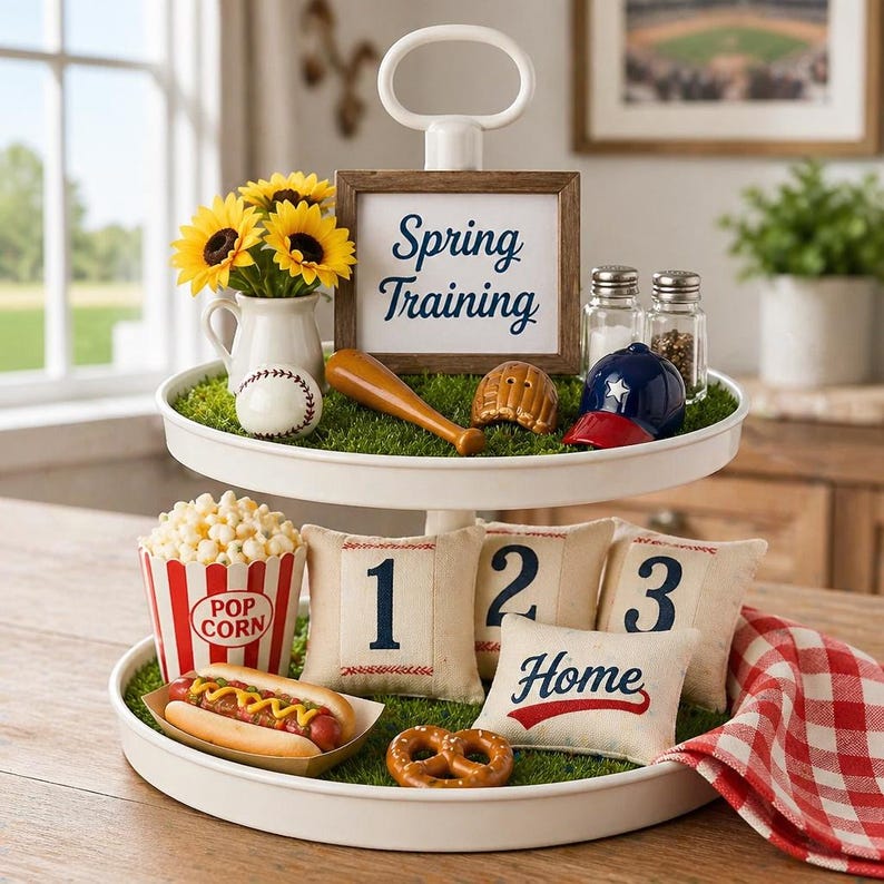 Puede incluir: Una bandeja blanca de dos niveles decorada con elementos tem&aacute;ticos de b&eacute;isbol. El nivel superior presenta una pelota de b&eacute;isbol, un bate, un guante y un letrero que dice "Spring Training". El nivel inferior contiene palomitas de ma&iacute;z, un perrito caliente, pretzels y almohadas con n&uacute;meros y la palabra "Home".