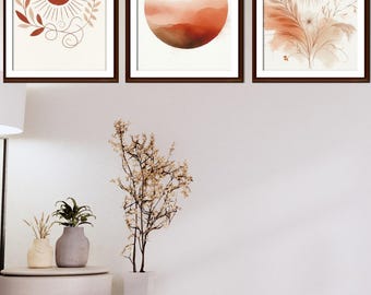 Set of 3 Boho Wall Art Prints, Abstract Sun Print, Printable Wall Art, Minimalist Terracotta Art, Mid Century Modern Decor, Instant Download