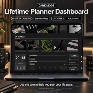 May include: A laptop screen displaying a dark mode digital life planner dashboard with sections for personal, productivity, wellness, finance, and notes. The interface includes a calendar, daily priorities, a weekly schedule, and a vacation countdown timer.
