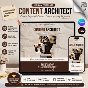 Może przedstawiać: Szablon Canva zatytułowany Content Architect wyświetlany na ekranie laptopa i smartfona. Projekt zawiera neutralną paletę kolorów z brązowymi akcentami, warstwowe kolaże zdjęć oraz elementy tekstowe, w tym Create Impactful Content.