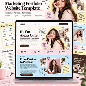 May include: A digital marketing portfolio website template titled Alexa, featuring a laptop screen displaying a personal website layout with text, photos, and icons. The design includes sections for an about me, career timeline, and testimonials.