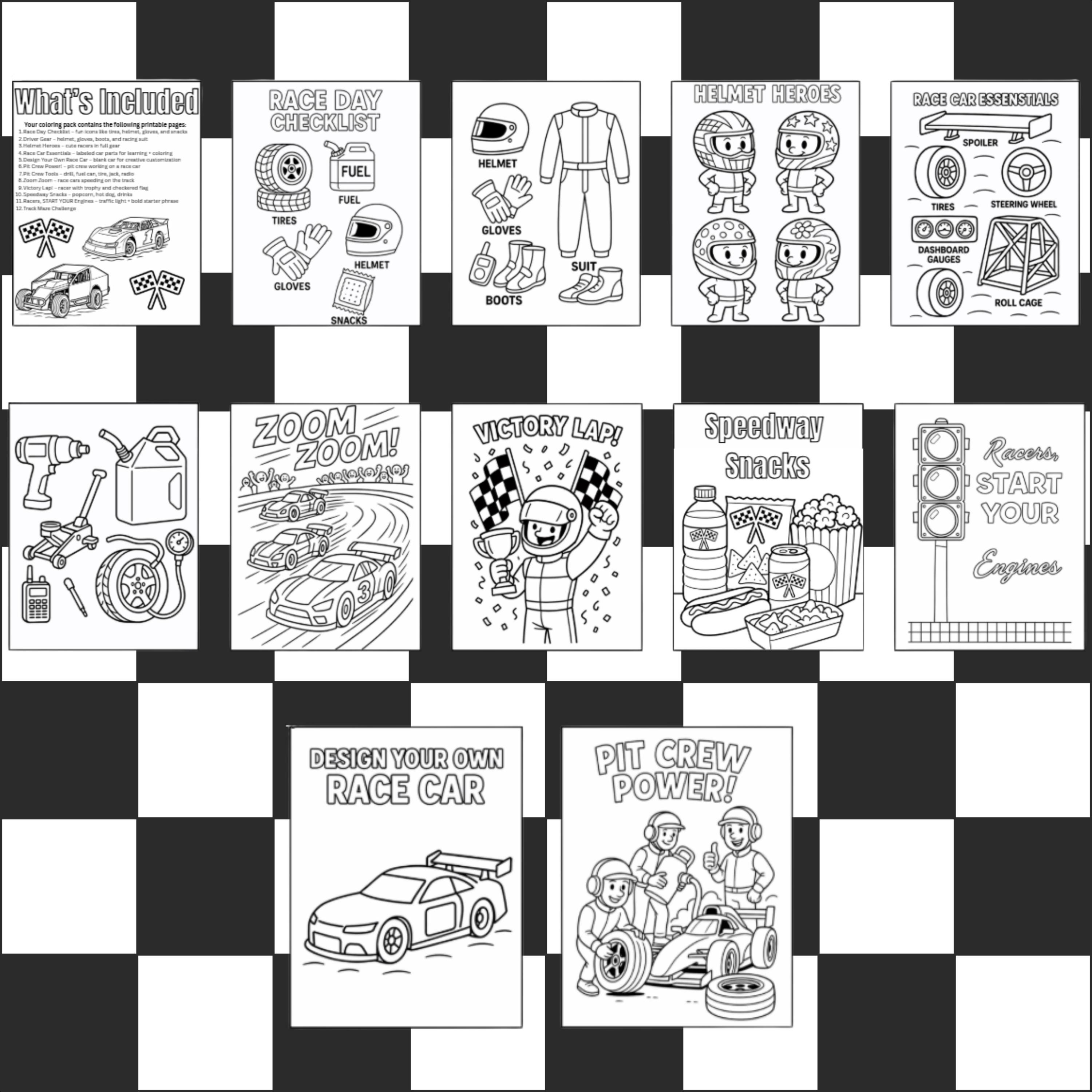 Race Car Coloring Pages | Kids' Speedway Activities (printable PDF ...
