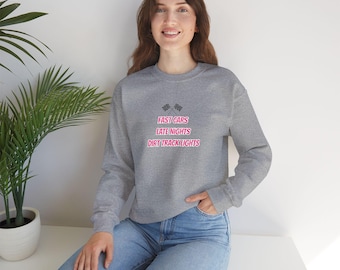 Embroidered Racing Crewneck: Fast Cars, Late Nights Fleece Sweatshirt