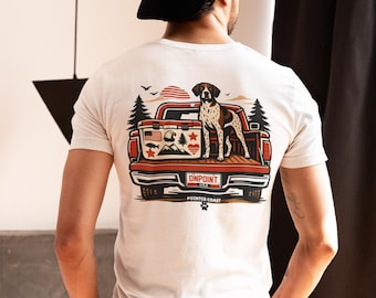 GSP in Pickup Truck Tee | Retro Sunset Camping Tailgate | German Shorthaired Pointer