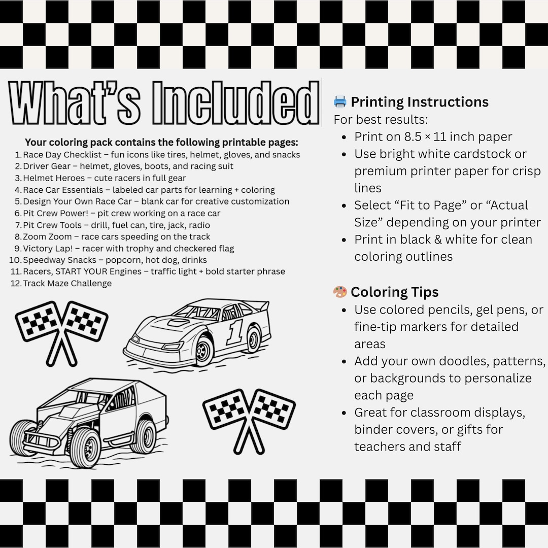 Race Car Coloring Pages | Kids' Speedway Activities (printable PDF ...