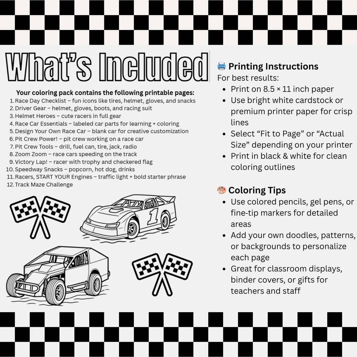 Race Car Coloring Pages | Kids' Speedway Activities (printable PDF ...