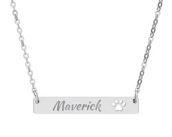 Paw Cutout Bar Necklace Engraved Name Pawprint Pendant | Personalized Jewelry
