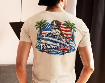 Beach Lover Shirt | Pointer Coast dog graphic Tee | American flag, palm trees, boat