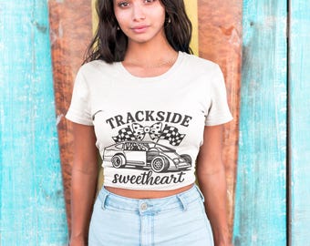 Trackside Sweetheart Dirt Track Racing T-Shirt Checkered Flags & Bow Graphic for Race Fans